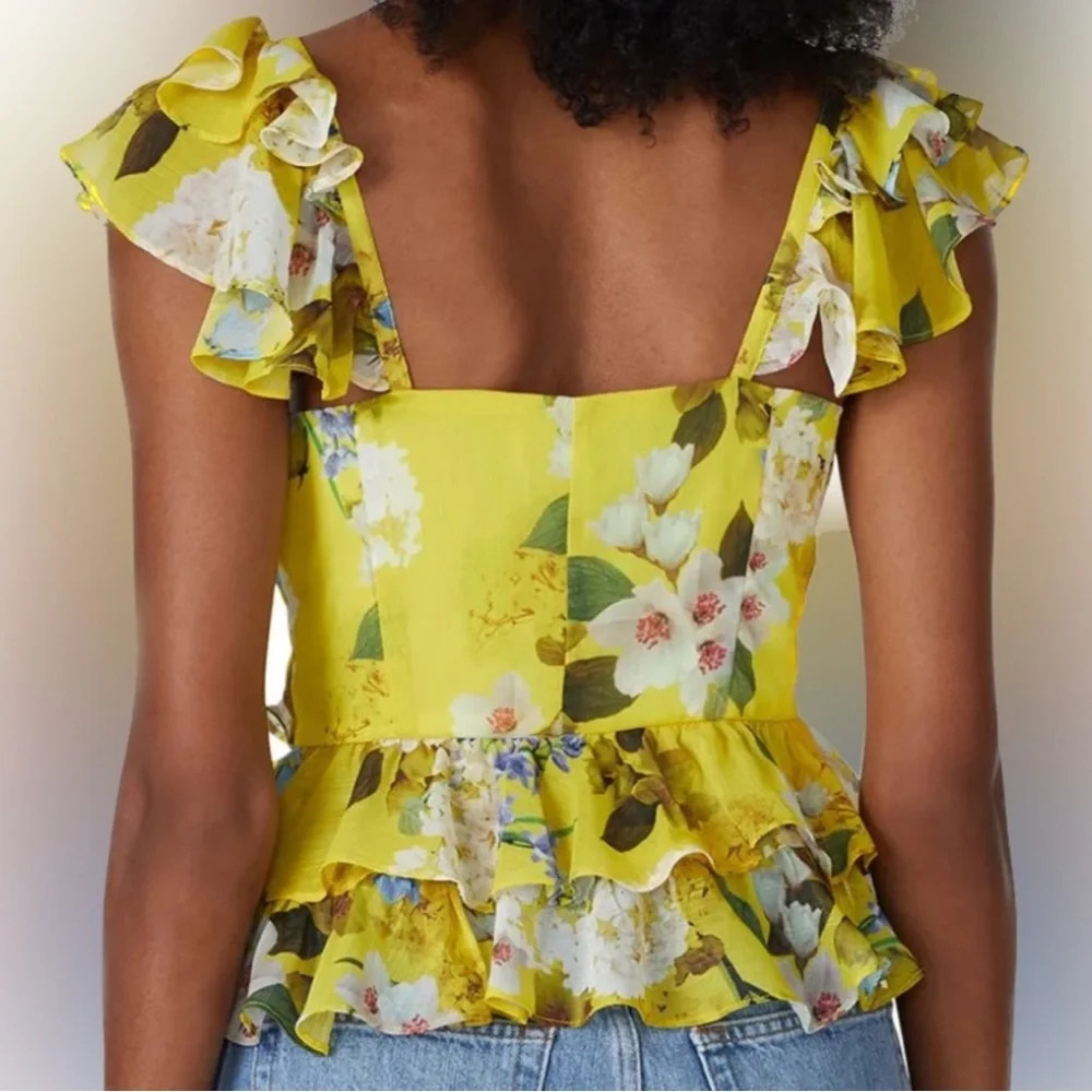 Marissa Webb Blouse Yellow Floral Ruffle Top - Picture 4 of 8